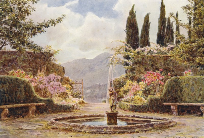 Italienske haver: Villa Cavagnaro, Parterre (farvelitografi) af George Samuel Elgood