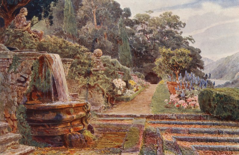 Italienske haver: Villa Cicogna, nedenfor kaskaden (farvelitografi) af George Samuel Elgood