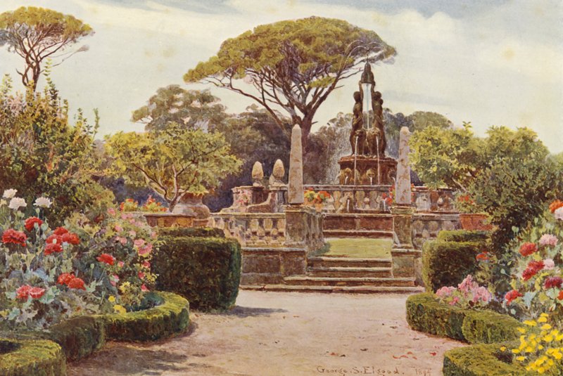 Italienske haver: Villa Lante i Bagnaja (farvelitografi) af George Samuel Elgood
