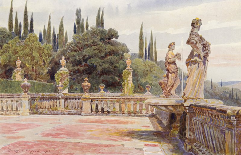 Italienske haver: Villa Palmieri, Flora og Pomona (farvelitografi) af George Samuel Elgood