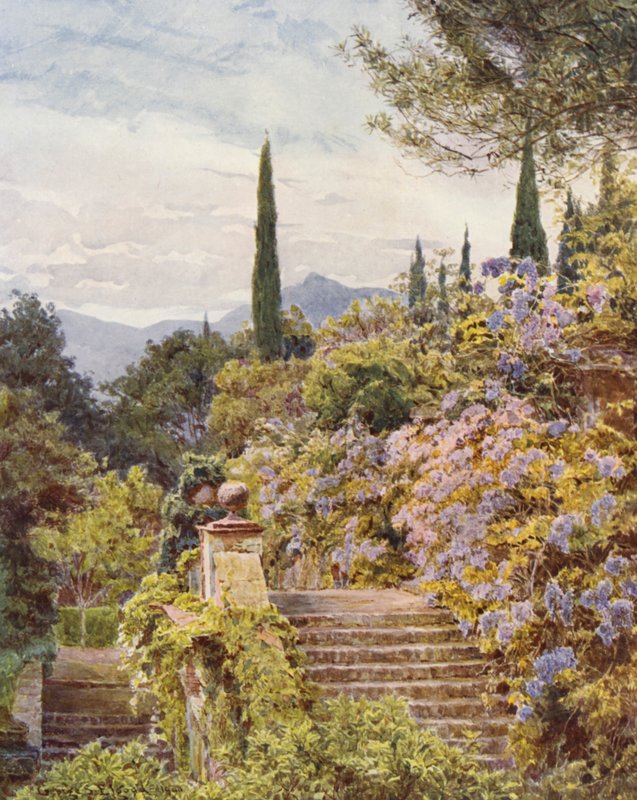 Italienske haver: Wistaria, Villa Cavagnaro (farvelitografi) af George Samuel Elgood