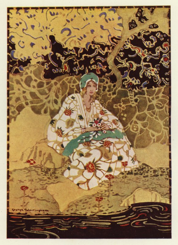 En meget smuk pige, der sidder på bredden af åen (farve litho) af George Sheringham