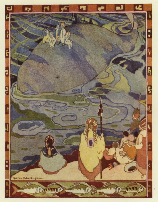 Glooskap samlede sit folk på kysten og bad hvalerne bære dem til deres gamle hjem (farve litho) af George Sheringham