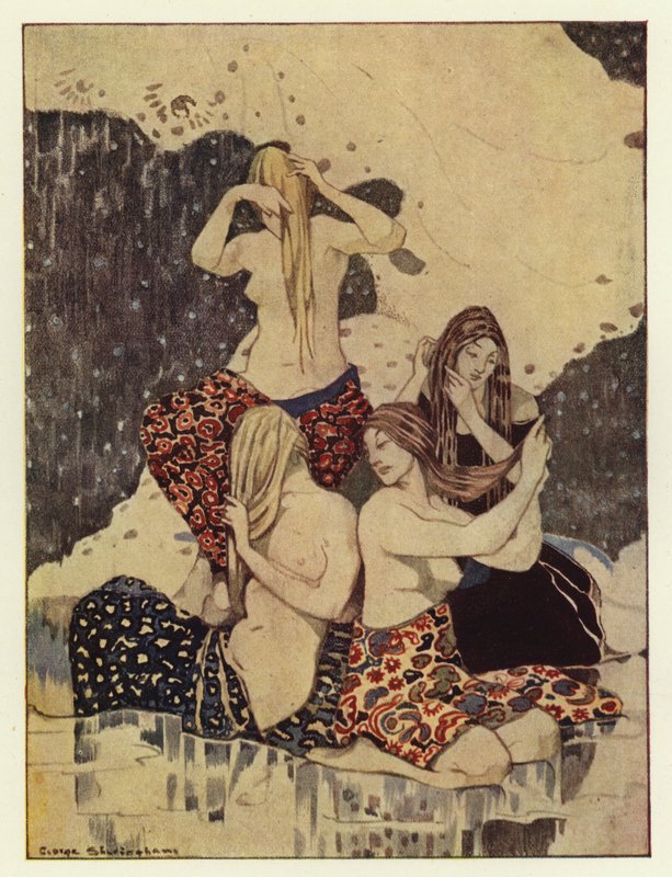 Han så fire smukke piger sidde på isen og flette deres hår (farve litho) af George Sheringham