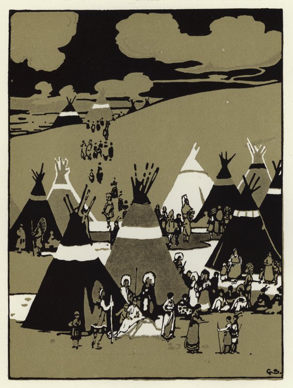 Om aftenen kom de til en lejr (farve litho) af George Sheringham