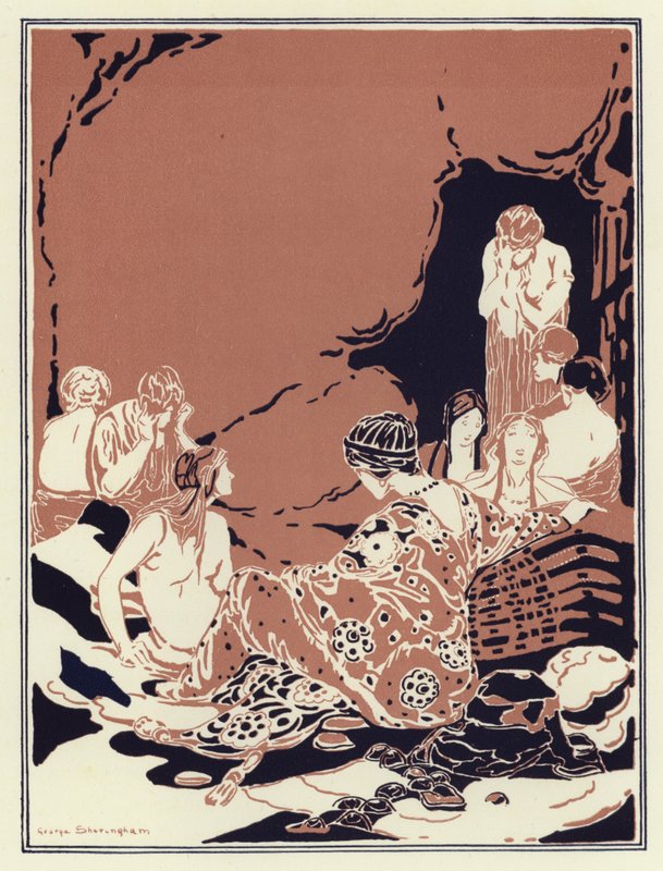 Mange kvinder sad rundt i en cirkel, alle triste og grædende (farve litho) af George Sheringham