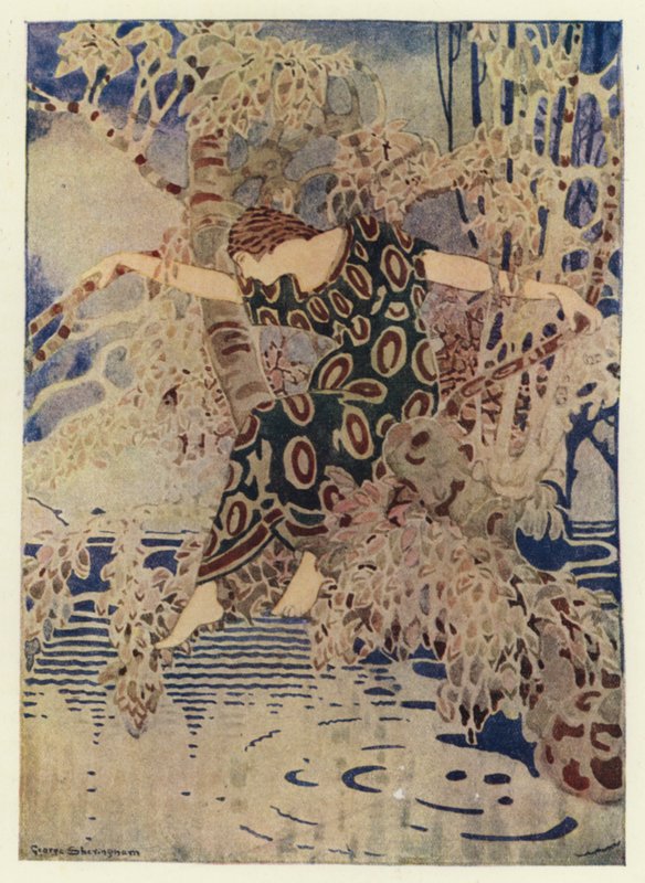 Hun klatrede ind i et træ, der strakte sig ud over vandet (farve litho) af George Sheringham