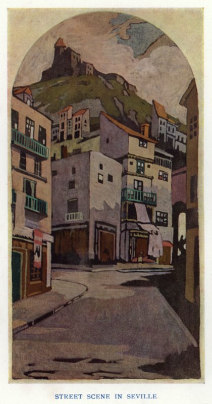 The Duenna af Sheridan: Street Scene in Sevilla (farve litho) af George Sheringham