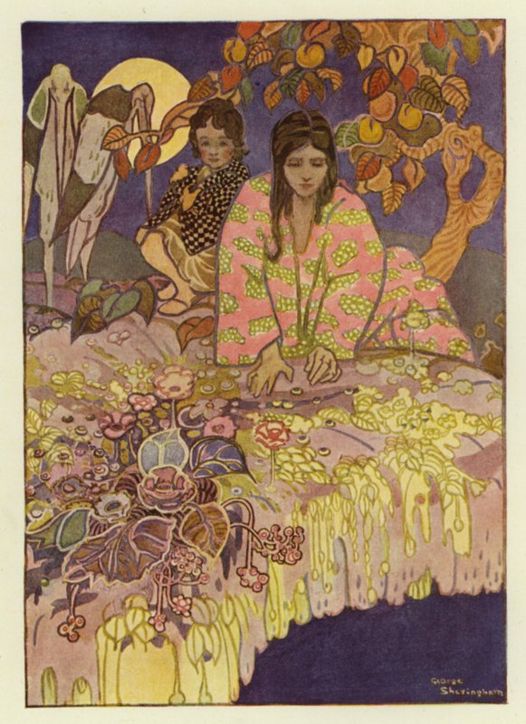 Pigen kiggede gennem hullet og så jorden langt under sig (farve litho) af George Sheringham