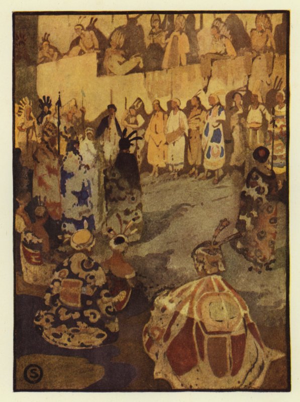 Det store hoftelt var fyldt med Glooskaps folk til solens retssag (farve litho) af George Sheringham
