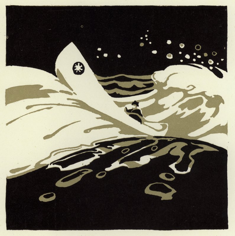 Den lille mand klarer stormen i Glooskaps tunge kano (farve litho) af George Sheringham