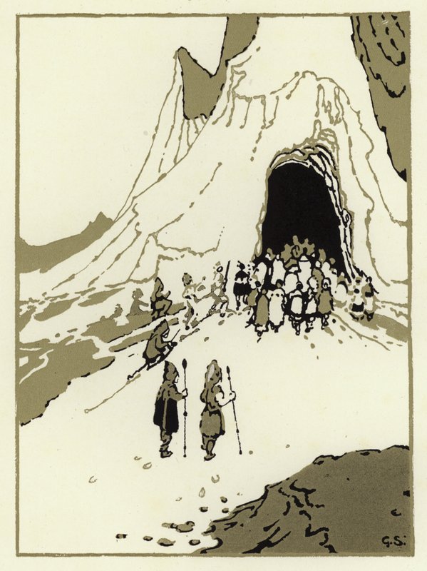 Folket tog ud for at finde kæmperne, snart kom de til deres hule (farve litho) af George Sheringham