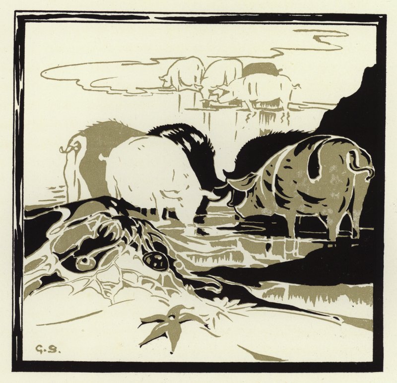 Grisene kom gryntende over sandet (farve litho) af George Sheringham