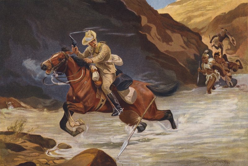 Senderrytter bliver angrebet af afrikanske krigere (farve litho) af George Soper