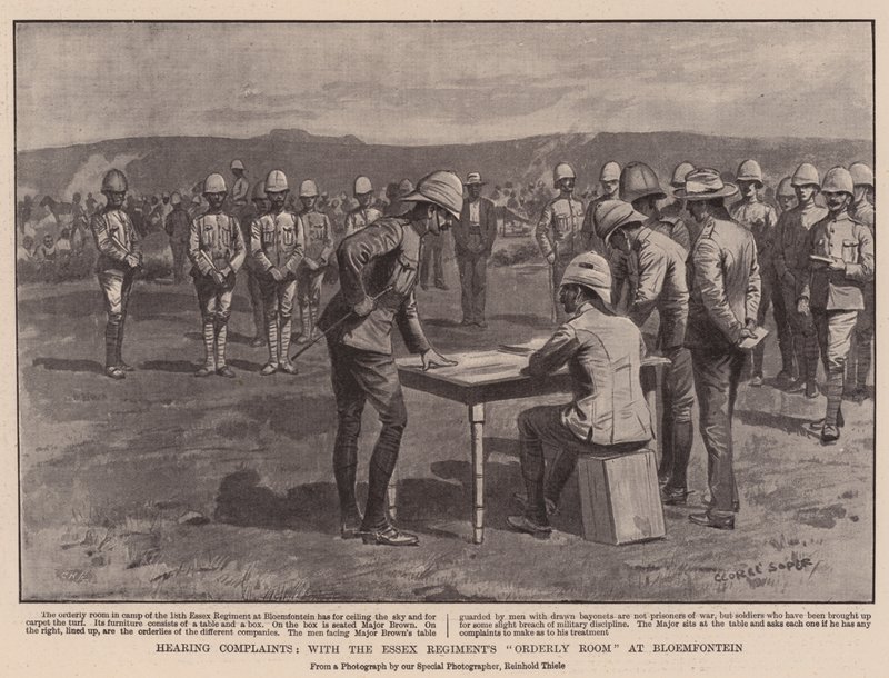 Høring af klager, med Essex-regimentets ordensrum i Bloemfontein af George Soper