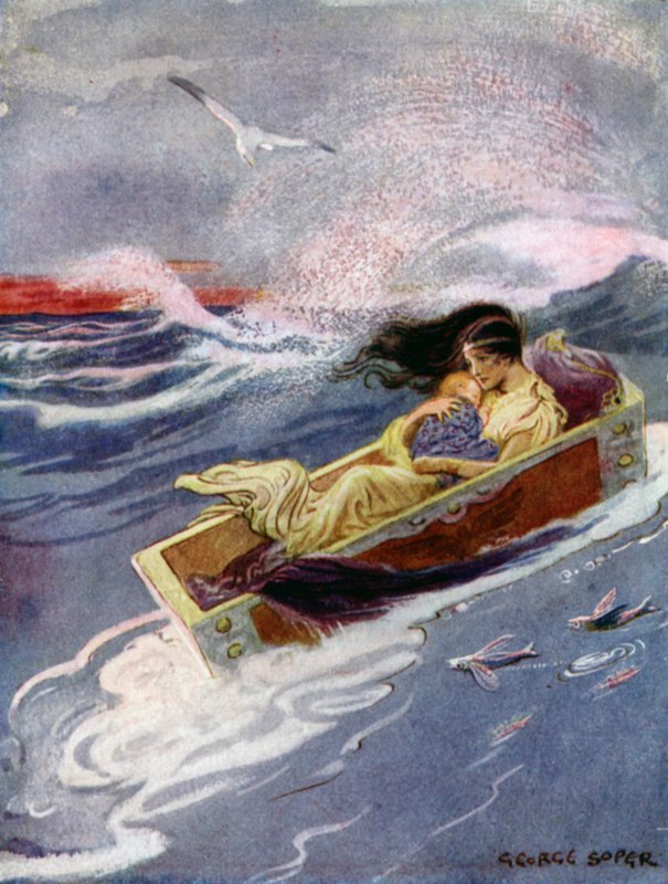 Perseus: "Og væk og ud til havet flød moderen og hendes baby" (farve litho) af George Soper