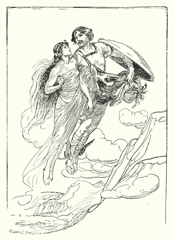 Perseus: "Perseus løftede sin smukke Andromeda i sine arme og flygtede med hende til klippetoppen" (litho) af George Soper