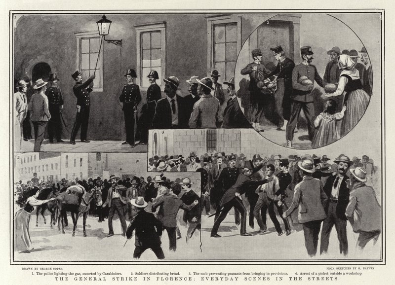 Generalstrejken i Firenze, hverdagsscener i gaderne af George Soper