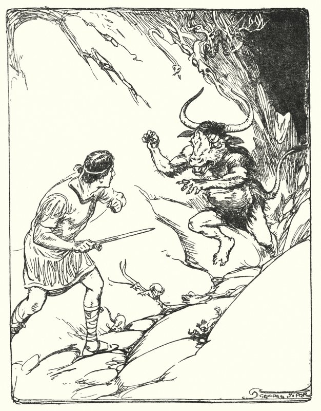 Theseus: "Han havde aldrig set så mærkeligt et dyr" (litho) af George Soper