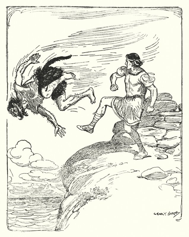 Theseus: "Han sparkede ham over klippen i havet" (litho) af George Soper