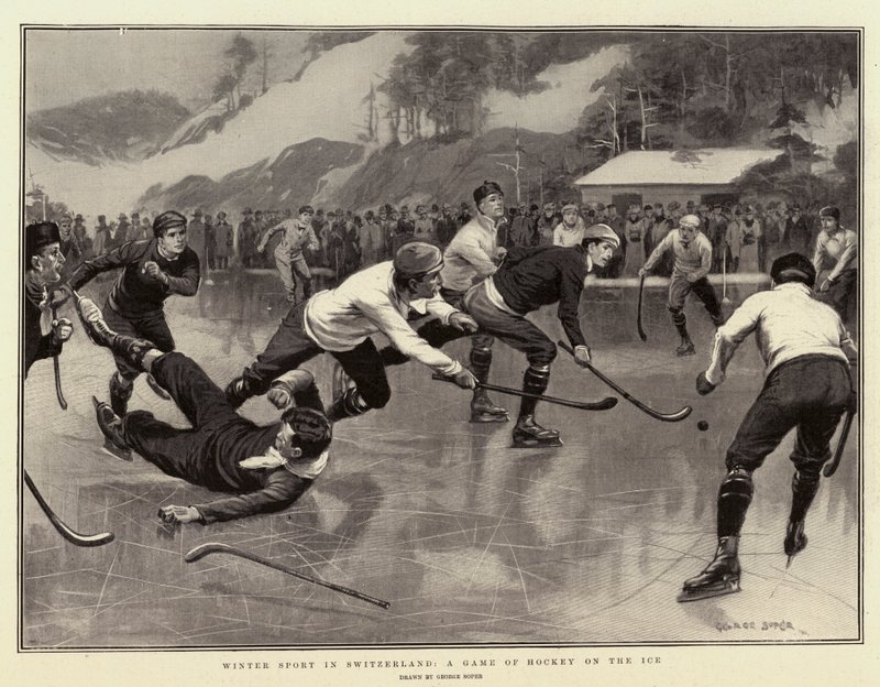 Vintersport i Schweiz, et spil hockey på isen af George Soper