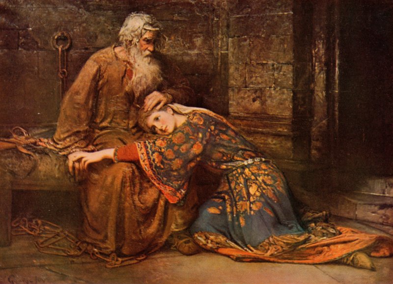Shakespeare: Cordelia trøster King Lear in Prison, King Lear, Act V, Scene 3 (farve litho) af George William (after) Joy