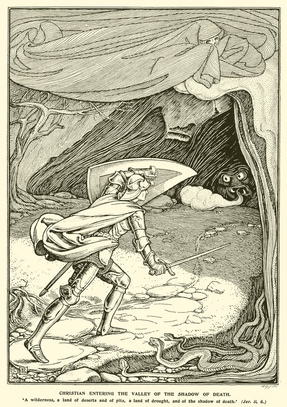 Christian Entering the Valley of the Shadow of Death (gravering) af George Woolliscroft Rhead