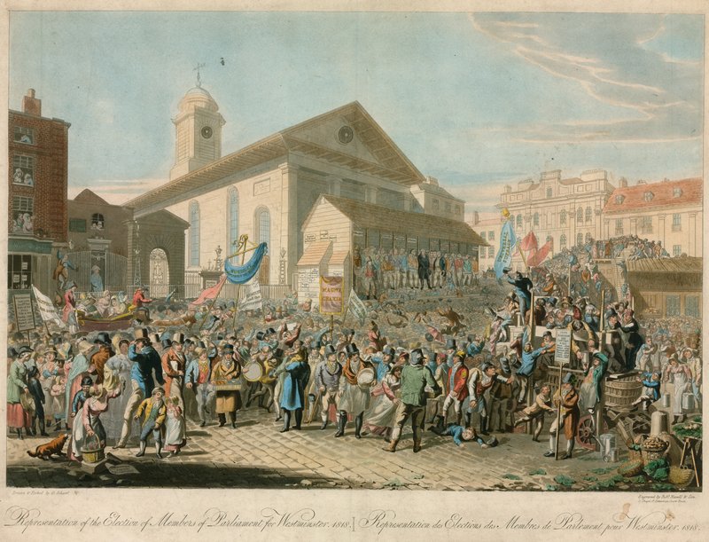 Repræsentation af valget af medlemmer af parlamentet for Westminster, 1818 af George the Elder Scharf