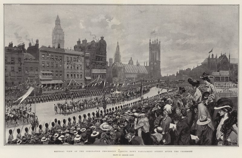 Generelt billede af kroningsprocessionen, der passerer ned ad Parliament Street efter ceremonien af Georges Bertin Scott
