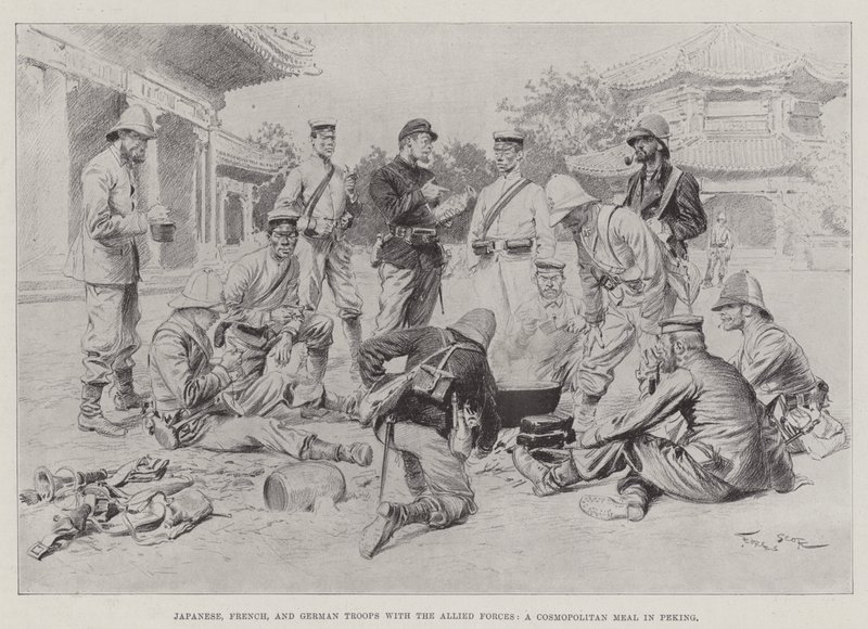 Japanske, franske og tyske tropper med de allierede styrker, et kosmopolitisk måltid i Peking af Georges Bertin Scott