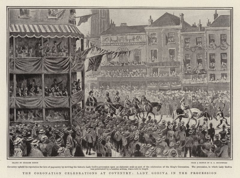 Kroningsfejringerne i Coventry, Lady Godiva i processionen litho af Georges Redon