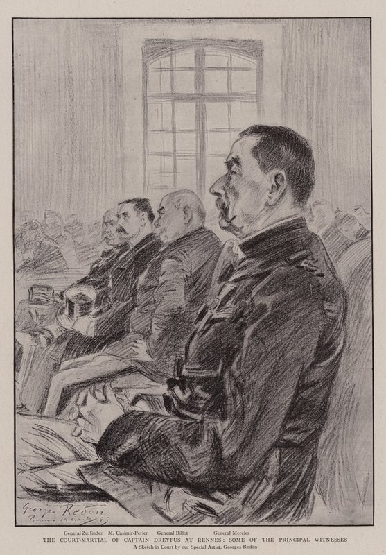 Domsmandsretten over kaptajn Dreyfus i Rennes, nogle af de vigtigste vidner af Georges Redon