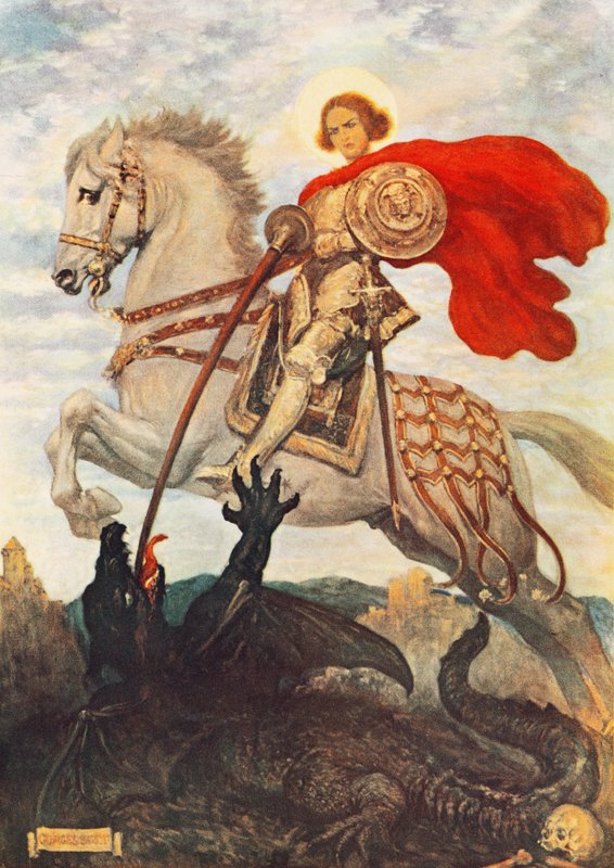 Sankt Georg og dragen (farvelitografi) af Georges Bertin Scott