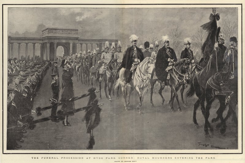 Begravelsesoptoget ved Hyde Park Corner, Royal Mourners kommer ind i parken af Georges Bertin Scott