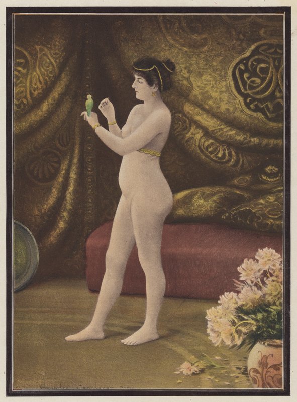 Yndlingskvinde med en kælefugl (farve litho) af Georges Croegaert