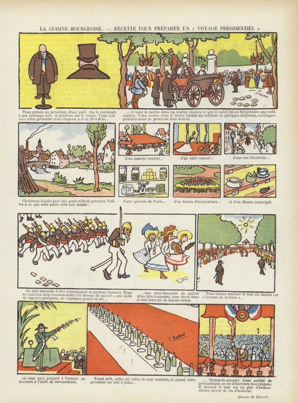 Borgerligt køkken. En opskrift på en præsidenttur. Illustration til Le Rire af Georges Delaw
