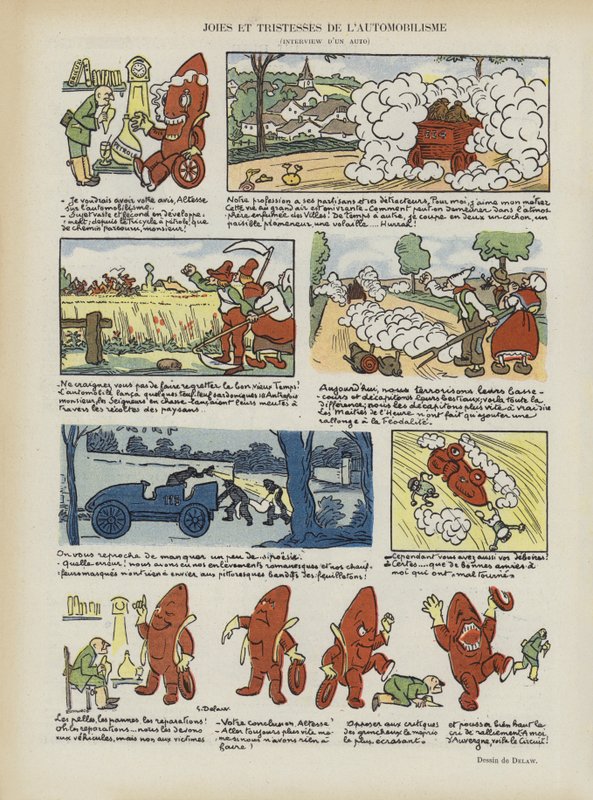 Glæder og tristheder ved at køre bil. Illustration til Le Rire af Georges Delaw