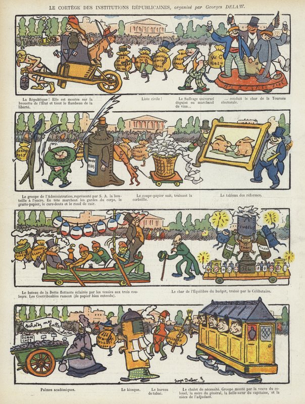 Procession af republikanske institutioner. Illustration til Le Rire af Georges Delaw