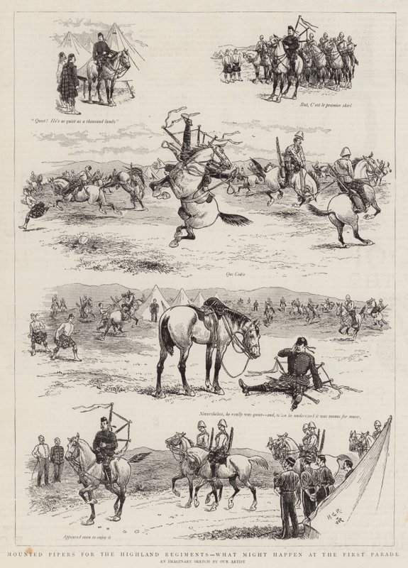 Ridende pibepibere til højlandsregimenterne, hvad der kan ske ved den første parade af Georges Ferdinand Bigot