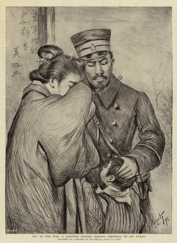Afsted til krigen, en japansk soldat, der siger farvel til sin familie af Georges Ferdinand Bigot