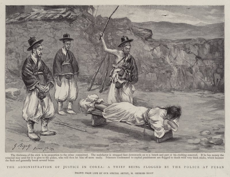 Retsplejen i Corea, en tyv, der bliver pisket af politiet i Fusan af Georges Ferdinand Bigot