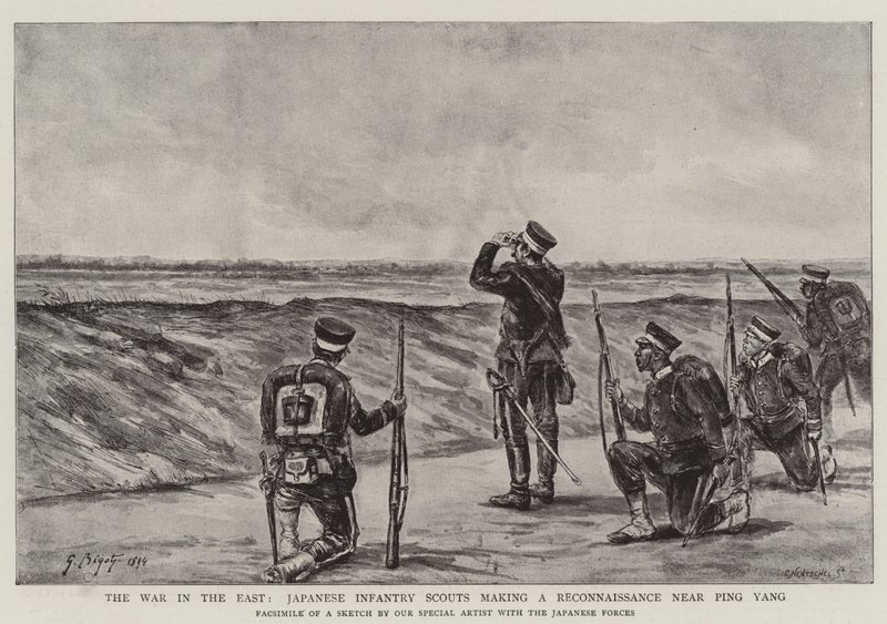 Krigen i øst, japanske infanterispejdere, der laver en rekognoscering nær Ping Yang af Georges Ferdinand Bigot