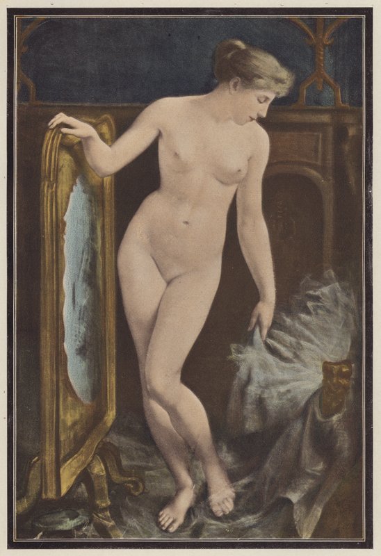Kvinde overvejer en hovedbeklædning (farve litho) af Georges Roussin