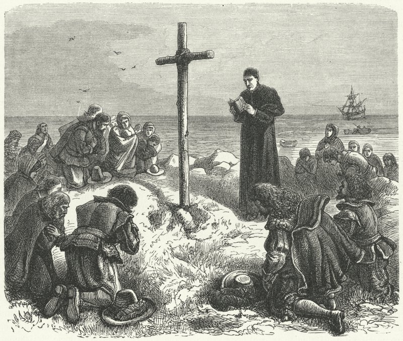 Pilgrimsfædrenes landgang i New England, 1620 af German School