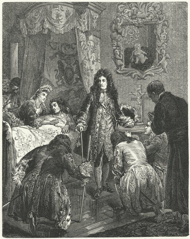 Ludvig XIV af Frankrig besøger James II af England på sit dødsleje, 1701 af German School