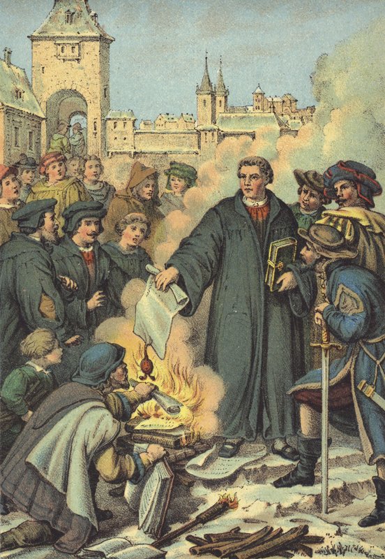 Luther sætter ild til de pavelige tyre, Wittenberg, 10. december 1520 af German School