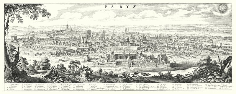 Panorama over Paris i 1632-1635 af German School