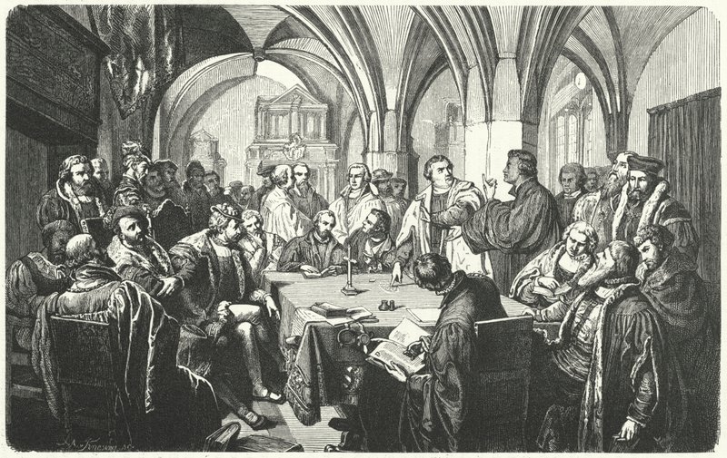 Religiøs debat mellem Martin Luther og Huldrych Zwingli ved Marburg Colloquy, 1529 af German School