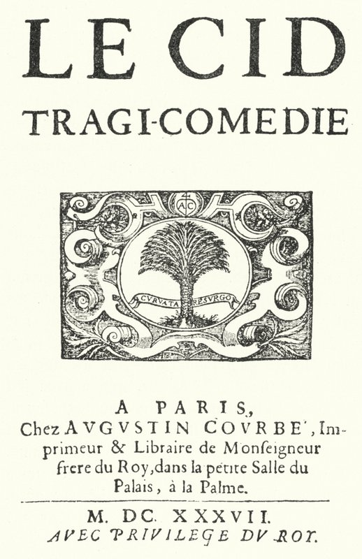 Titelbladet fra den første udgave af Le Cid af den franske dramatiker Pierre Corneille, udgivet i 1637 af German School