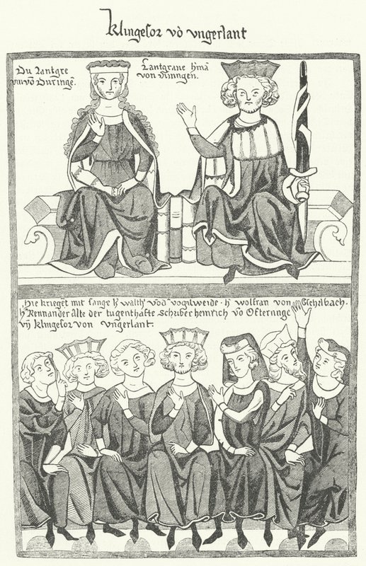 En skildring af Sangerkrieg, en konkurrence mellem minstreller på Wartburg-slottet i Thüringen i 1207, fra Codex Manesse (gravering) af German School